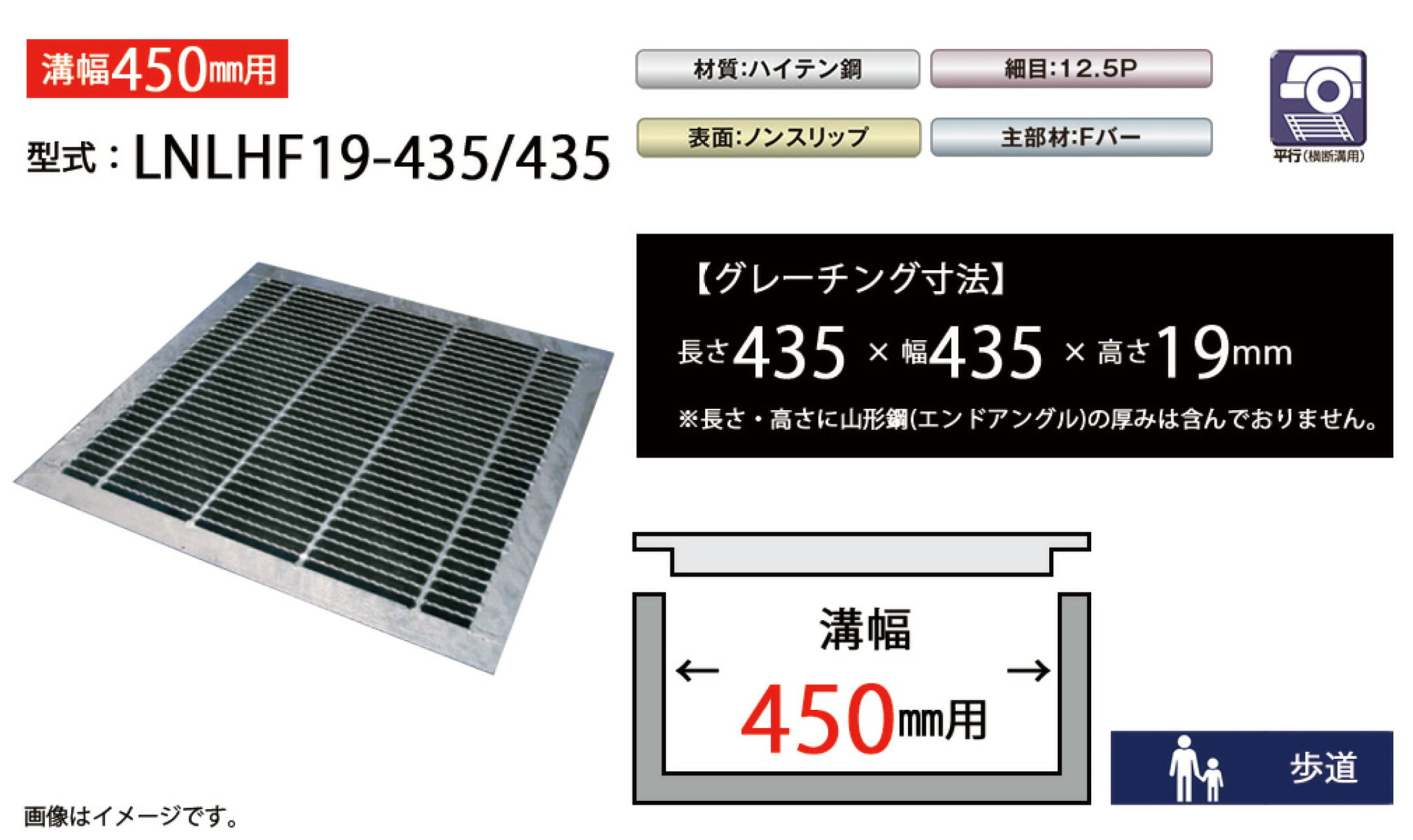 四面つば付きグレーチング　溝幅450mm　LNLHF19-435/435