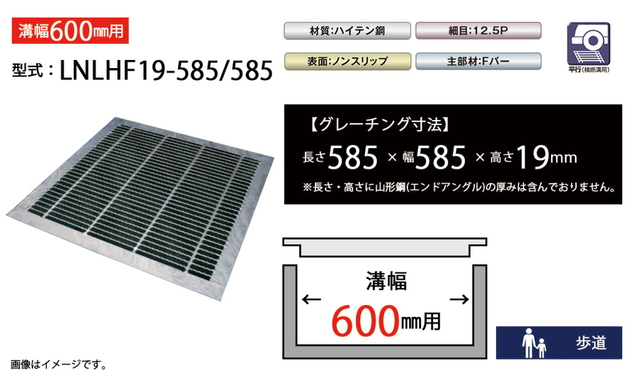 四面つば付きグレーチング　溝幅600mm　LNLHF19-585/585