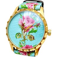 【GUCCI/グッチ】 Gタイムレス 126.4 フラワー 腕時計 GP/レザー クオーツ ブルー花柄文字盤 レディース…