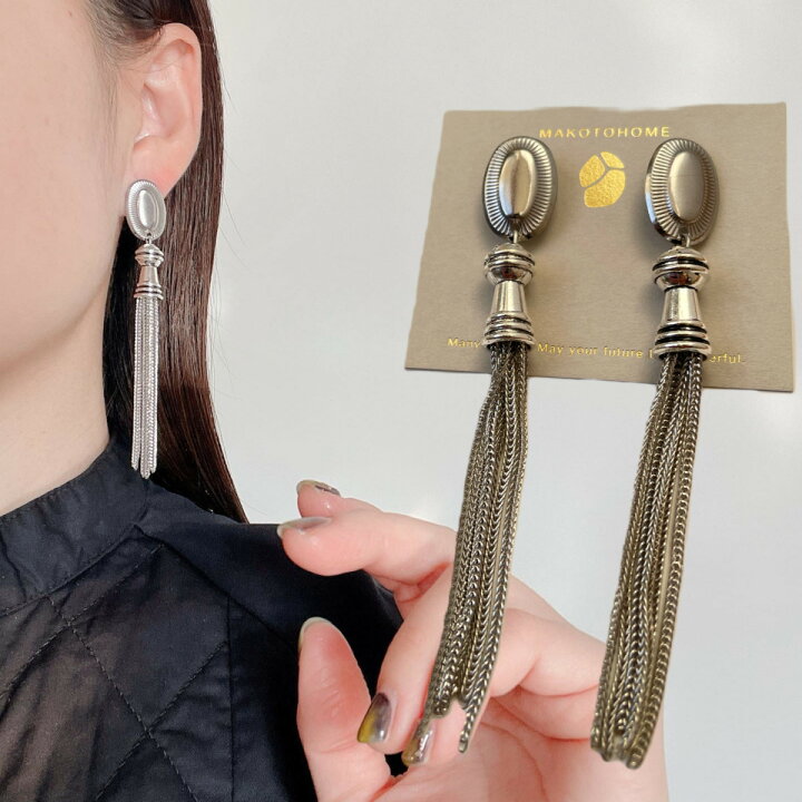 楽天市場】オーバルシルバータッセルピアス 大振り イヤリング 