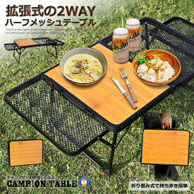 2WAY キャンプテーブル ハーフメッシュテーブル ウッド 収納 アウトドアテーブル バーベキューテーブル BBQ 折り畳み 持ち運び 頑丈 簡易 おしゃれ 便利 机 送料無料 HANHANTAB