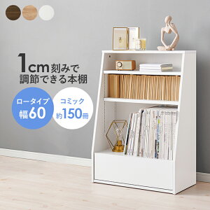 ブックシェルフ 幅60 ロータイプ コミックラック コミック約150冊収納 本棚 1cmピッチ棚板 引出し付き 大型書籍 マンガ 漫画 文庫本 書棚 本収納 A4サイズ ブックラック RCC-1906