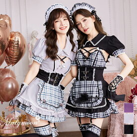 [正規品]【即納】ハロウィン コスプレ メイド ウエイトレス ゴシック 仮装 メイド メイドドレス ブラック ライトグレー パープル フリル セット 一式 セクシー 女性 レディース malymoon マリームーン【9962】