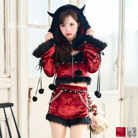[正規品]【即納】【藤咲凪着用】コスプレ フーディ デビル キャット レッド グレー スタッズ アニマル 仮装 セットアップ セクシー 女性 レディース 一式 マリームーン malymoon【CS-25-10282】