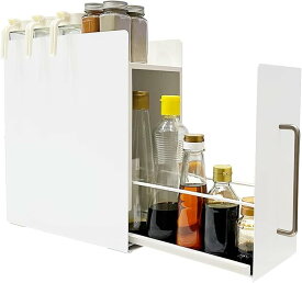 「最大2,026円オフクーポン配布中」ママ倉 隠せる調味料ラック 1段 コンロ横 キッチンラック キッチン収納 幅14.4cm 奥行35/45cm 高さ37.3cm 台所用 引き出し式 ホワイト/ブラック