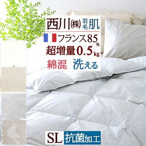 秋得★最大10%OFFクーポン 超増量 ダウンケット 西川 シングル 羽毛肌掛け布団 夏 洗えるフランス産ホワイトダウン85% 羽毛ふとん 超増量0.5kg 肌掛け布団 羽毛布団 夏用 抗菌 羽毛肌布団 シ