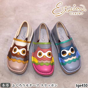 【割引クーポン対象商品】エスタシオン 靴 本革 スリッポン カジュアル TGE450 ふくろうモチーフ 左右のデザインが違うタイプ 5層インソール
