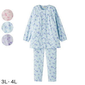婦人 ワンタッチパジャマ 上下セット 3L・4L (レディース 綿混 ワンタッチテープ マジックテープ式)(送料無料)【取寄せ】