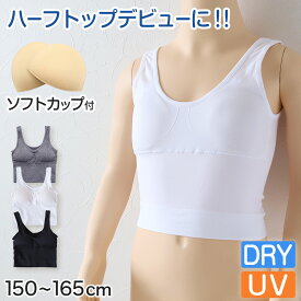 スポーツブラ キッズ カップ付ハーフトップ スポブラ 女の子 ダンス ジュニアブラ 小学生 150cm〜165cm 子供 体育deインナー 肌着 下着 スクールインナー 子供ブラ 150 160 165 丈長め クロップド丈