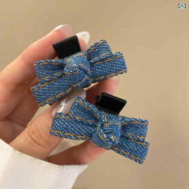 レトロ デニムブルー リボン ヘアピン ヘッドバンド 前髪用 小型グリッパー