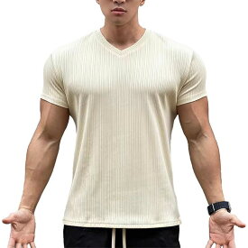 【最大10倍ポイント付与】Vネック スポーツTシャツ 縦ストライプ 半袖 メンズ トレーナー Vネック ニット 細身 カットソー インナー トレーニング 無地 カジュアル スウェット 夏服 DXT2 [manatsulife] 送料無料