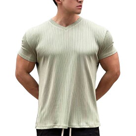 【最大10倍ポイント付与】Vネック スポーツTシャツ 縦ストライプ 半袖 メンズ トレーナー Vネック ニット 細身 カットソー インナー トレーニング 無地 カジュアル スウェット 夏服 DXT2 [manatsulife] 送料無料