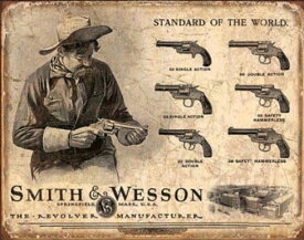 メタルサイン "Smith&Wesson Standard of the World" スミス＆ウェッソン リボルバー 看板 41cm×30cm ■ 銃 シューティング 壁掛け サイン ショップ ガレージ インテリア ティンサイン ブリキ看板