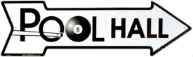 メタルサイン "POOL HALL" ビリヤード場 看板 縦15cm×横50cm ■ ビリヤード 矢印 方向 右側 壁掛け サイン ショップ ガレージ インテリア ティンサイン ブリキ看板