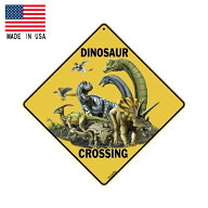 メタルサイン "DINOSAUR CROSSING" 恐竜が通ります 42cm×42cm 米国製 ■ CROSSWALKS 恐竜 トリケラトプ…
