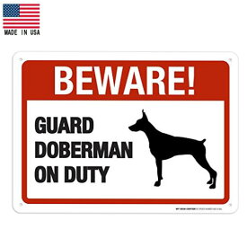 【ブリキ看板】Beware Guard Doberman On Duty 看板 25.5cm×35.5cm【雑貨 インテリア 壁掛け ガレージ 犬 動物 ドーベルマン メイドインUSA レッド ホワイト】