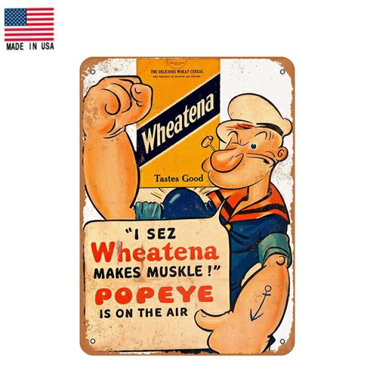 楽天市場 ブリキ看板 ポパイ Popeye Wheatena ビンテージ調 看板 30 5cm 23cm 雑貨 インテリア 壁掛け ガレージ レトロ 広告 ホワイト オレンジ ブルー Mancave マンケイブ