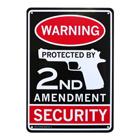 プラスチックサイン "WARNING PROTECTED BY 2ND AMENDMENT SECURITY" 看板 35.5cm×25.5cm ■ セカンド アメンドメント Second Amendment インテリア 雑貨 ガレージ アメリカン 銃 ガン