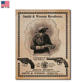 ブリキ看板 Smith & Wesson Revolvers ビンテージ調 サイン 40.5cm×32cm Made in USA ■ スミス＆ウェッソン S&W リボルバー 銃 ガン ミリタリー インテリア 雑貨 ガレージ ブラウン ブラック