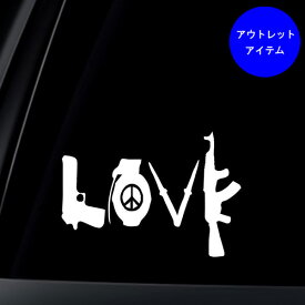 【アウトレット】 "LOVE" ステッカー ハンドガン グレネード 弾丸 AK カー 切り抜き デカール ホワイト 縦11.5cm×横16.5cm ■ ミリタリー 銃 爆弾 平和