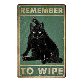 メタルサイン "REMEMBER TO WIPE" 黒ネコ 30cm×20cm ■ ねこ 猫 黒猫 キャット ティンサイン ブリキ看板 壁掛け インテリア アニマル 動物 aml_vtg