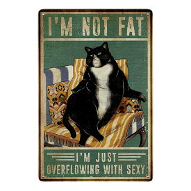 メタルサイン "I'M NOT FAT" ふとっちょネコ看板 30cm×20cm ■ ねこ 猫 黒猫 キャット ティンサイン ブリキ看板 壁掛け インテリア アニマル 動物 aml_vtg