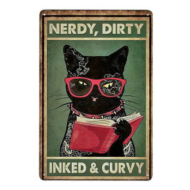 メタルサイン "NERDY, DIRTY" 読書タトゥー猫 看板 30cm×20cm ■ ねこ 猫 キャット 入れ墨 本 ティンサイン ブリキ看板 壁掛け インテリア アニマル 動物 aml_vtg