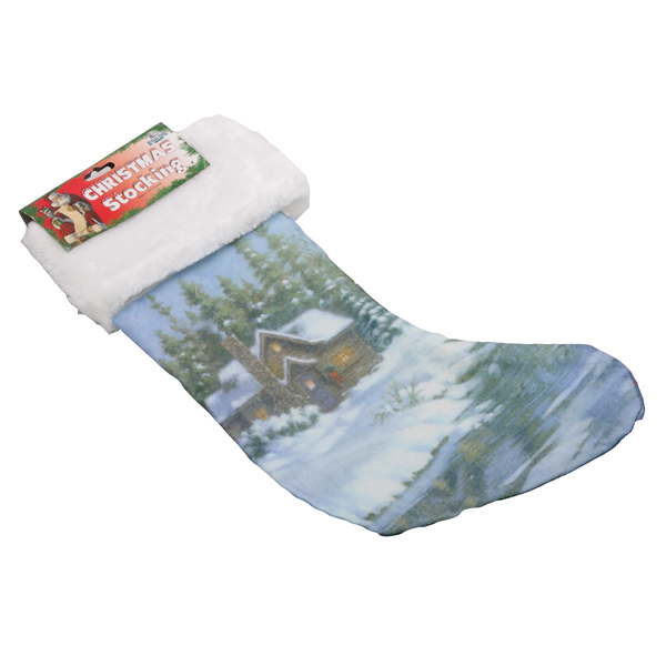 雪が積もった冬のロッジの柄のかわいいXmasソックス クリスマス クリスマスソックス 靴下型収納袋 ロッジ プレゼント サンタ ブランド品専門の 全店販売中