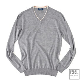 FEDELI フェデーリ / カシミヤシルク ラインVネックニット ・mod. PULL. ML. CH SETA TRICOLOR ・col. SILVER GREY × IVORY シルバーグレー ・made in Italy ・国内正規品