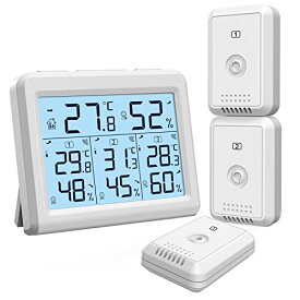 ORIA デジタル温湿度計 外気温度計 ワイヤレス 温度湿度計 室内 室外 三つセンサー 高精度 LCD大画面 バックライト機能付き 最高最低