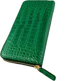 [Capitana] クロコダイル 型押し牛革 緑の長財布 (マチ部に蛇革使用 金運カラー グリーン