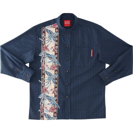 かりゆしウェア メンズ 結婚式 ゴルフ 沖縄 かりゆし シャツ アロハ アロハシャツ マオカラー 詰襟 MANGO HOUSE マンゴハウス 国産 リゾート お揃い ペア 長袖シャツ 256076 紅型鳳凰デイゴ