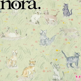 野原と猫　Aグリーン系　10cm単位　切り売り　シーチング生地　ST1280　ノラ　NORA.　(50)