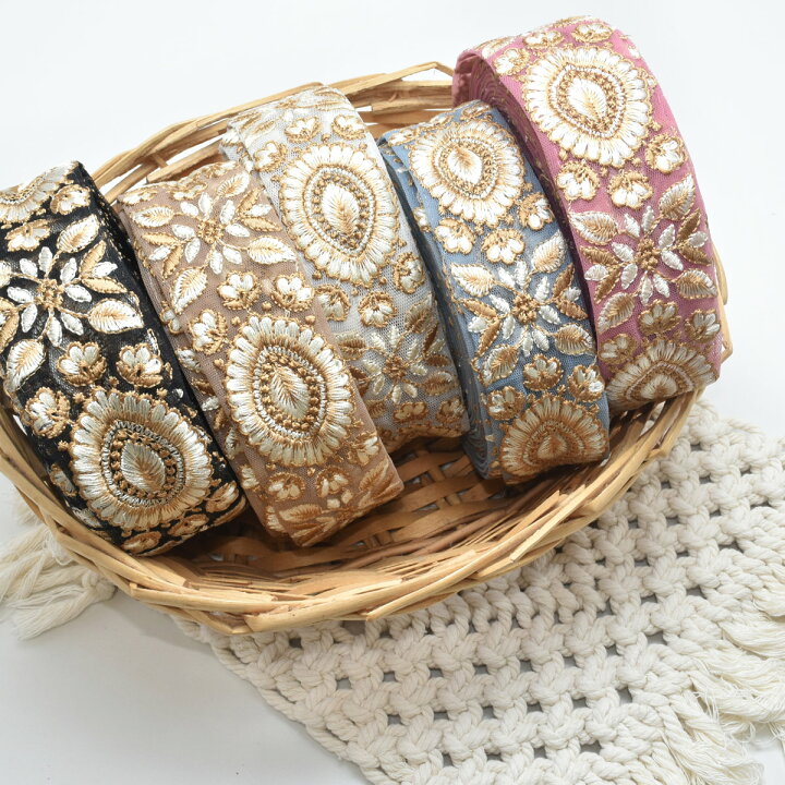 楽天市場】インド刺繍リボン 上品な葉と花の刺繍リボン 幅40mm 10cm 
