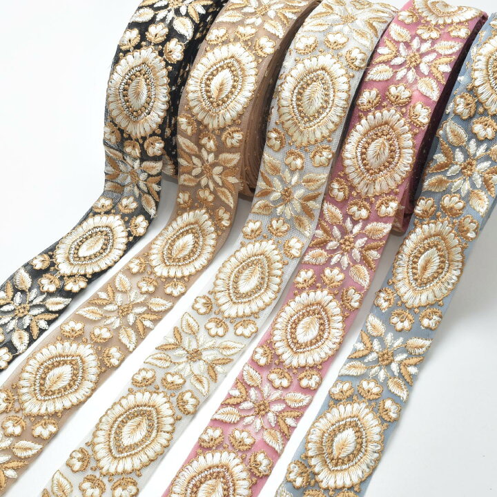 楽天市場】インド刺繍リボン 上品な葉と花の刺繍リボン 幅40mm 10cm 