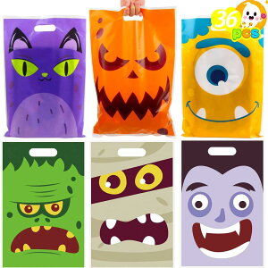 DERAYEE ハロウィーン 巾着袋 ビニー ル袋 ラッピング袋 カボチャ 黒猫 36pcs入り 猫 ゾンビ 公爵 モンスター パンプキン 片眼モンスター 綺麗 プレゼント用 (6種類, 42x28cm)