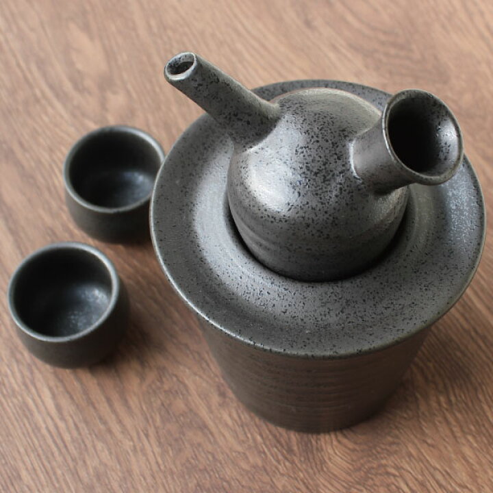 美濃焼 酒器セット 熱燗 冷酒 徳利 ぐい呑み おちょこ セット 蓋付き酒燗器 おしゃれ 保温器 とっくり 温燗 日本酒 1 6合 日本製 陶器 ブラック 黒 専用箱 プレゼント ギフト 贈り物 マンモスビレッジ