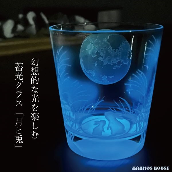 幻想的な光を楽しむグラス 高級 ロックグラス 蓄光グラス おしゃれ 日本製 デザイングラス 職人の技 サンドブラスト 彫刻 フリーグラス 贈り物 プレゼント ギフト 光るグラス 月とうさぎ