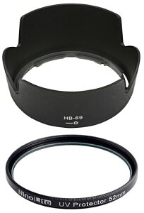NinoLite HB-69 �p�����Y�t�[�h + 52mm UV�t�B���^�[ �̃Z�b�g�AAF-S DX 18-55mm f/3.5-5.6G VR II �����Y�p�A�t�[�h�t������t�\�A���������܂܂Ńt�B���^�[�⃌���Y�L���b�v��t�\