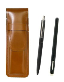 スリム牛革ペンケース茶 ペン型消しゴム 黒とAP150昭和40年代復刻版ノック式金属クリップ付レディスシャープペンセット 黒 T23-ASCMC46B-AP150S-B