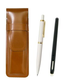 スリム牛革ペンケース茶 ペン型消しゴム 黒とユーロスタイル真鍮パーツノック式シャープペンセット 白 T23-ASCMC46B-NXS-W