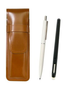 スリム牛革ペンケース茶 ペン型消しゴム 黒とAP150昭和40年代復刻版ノック式金属クリップ付レディスシャープペンセット 白 T23-ASCMC46B-AP150S-W