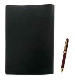 再生牛革B5ブック＆ノートカバー黒 2色回転ボールペン2C600セット 赤 T23-B5-005B-2C600-R