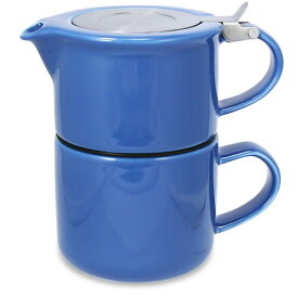 フォーライフ マグカップ & ティーポット 陶器 414ml 2杯用 茶こし付き 食洗機対応 蓋が落ちない 片手で注げる ブルー 青 ティーフォーワン 347Blu