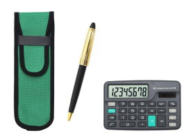 ミニ電卓付 布ペンケース緑 ネオD-800ホリ金加工 レトロボールペンセット 黒 T23-D-NK02G-800B-B