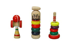 ミニミニ 日本の昔ながらの木製 おもちゃ 3種セット(わなげ・けん玉・ダルマ落とし各1ヶ)