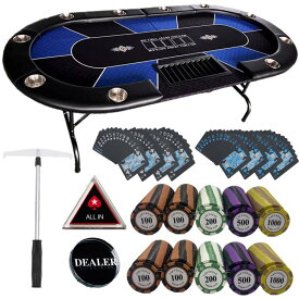 【すぐ遊べる 8点ポーカーテーブルフルセット】213cm×106 cm 折り畳み ポーカーテーブルセット 最高級クレイチップ200枚 防水プラスチックトランプ54枚2組 ディーラーボタン ALL INボタン チップコレクターワンドがセットになった充実の内容です。