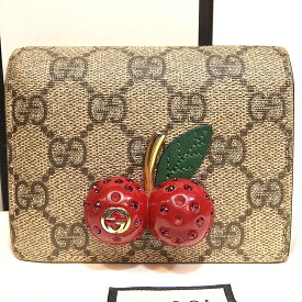 GUCCI グッチ ミニウォレット チェリー 二つ折り財布 GGスプリーム ベージュ 476050 【中古】
