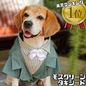 クーポン配布中 【 大型犬用 】 犬 服 タキシード フォーマル ジャケット シャツとタキシード一体型 ビッグ おしゃれ 結婚式 ウエディング リングドッグ チェック モスグリーン コスプレ 蝶ネクタイ マジックテープ シェパード ラブラドール レトリバー BD551 犬服