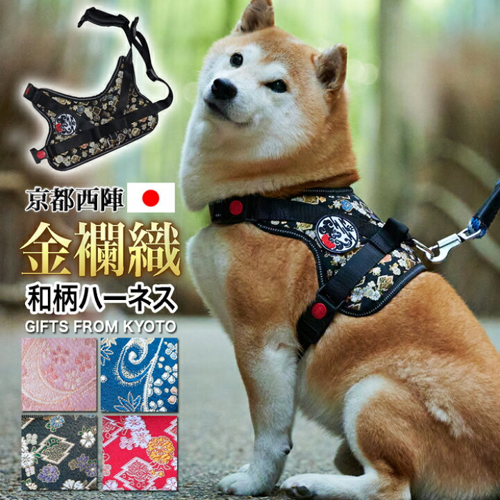 楽天市場 クーポン配布中 中型犬用 犬 ハーネス 柴犬 和柄 背中に乗せてカチッと留めるだけ 煌 Kirameki 胴輪 抜けにくい お正月 家紋 引っ張り防止 お祝い おめでたい柄 安全 外れ防止ロック付 西陣織 メッシュ 夜間反射板ステッチ ベルト長さ調節可能 黒 紺 桜